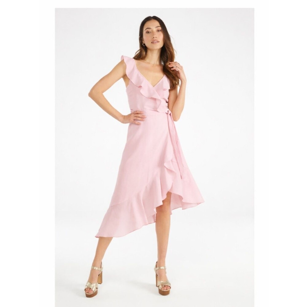 NEW JustFab Blush Pink Ruffle Wrap Midi Dress Asymmetrical Hem Sleeveless Size S